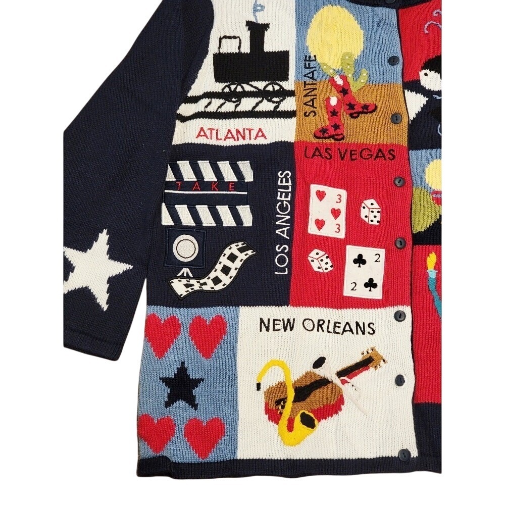 Vintage 90's USA Travel Sweater, Novelty Cardigan, 1X Blue Red Quacker Factory - Picture 3 of 11